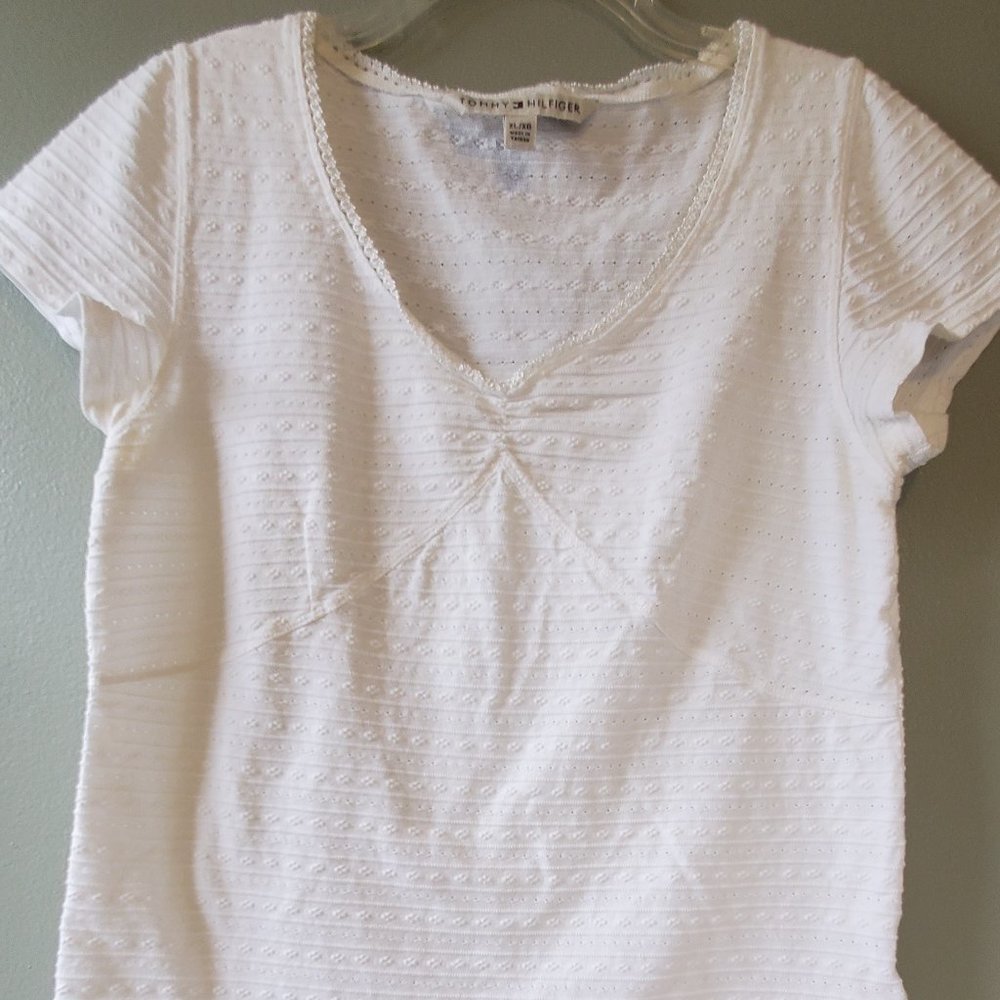 Embossed Pattern Lace Trim Short Sleeve Top